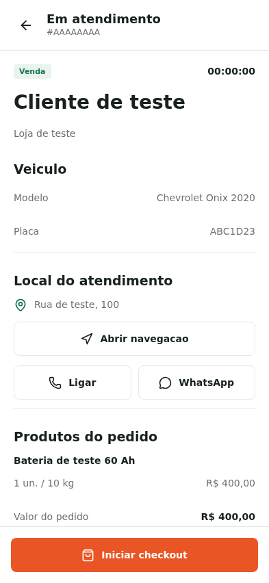 Aplicativo GoBAT Técnico com os detalhes do atendimento, veículo e produtos