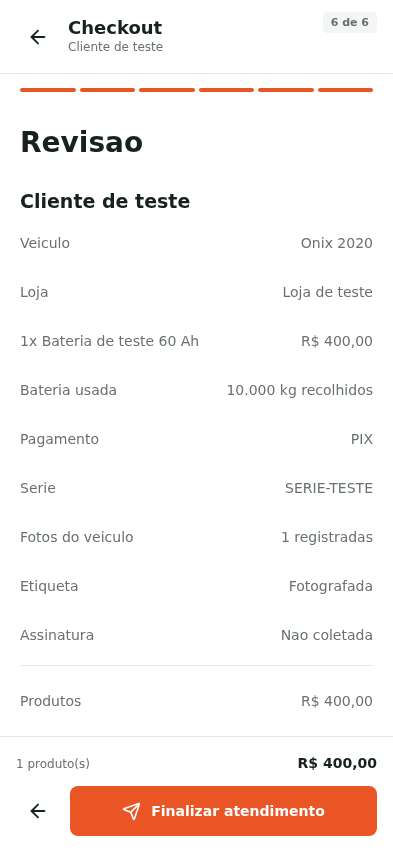 Revisão do checkout no app técnico com produtos, pagamento e registros