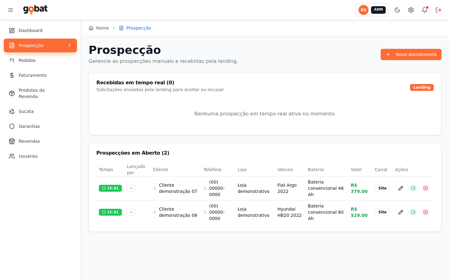 Tela de prospecção com oportunidades e lançamentos comerciais